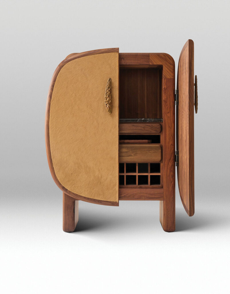 A wooden cabinet with a wine rack inside.