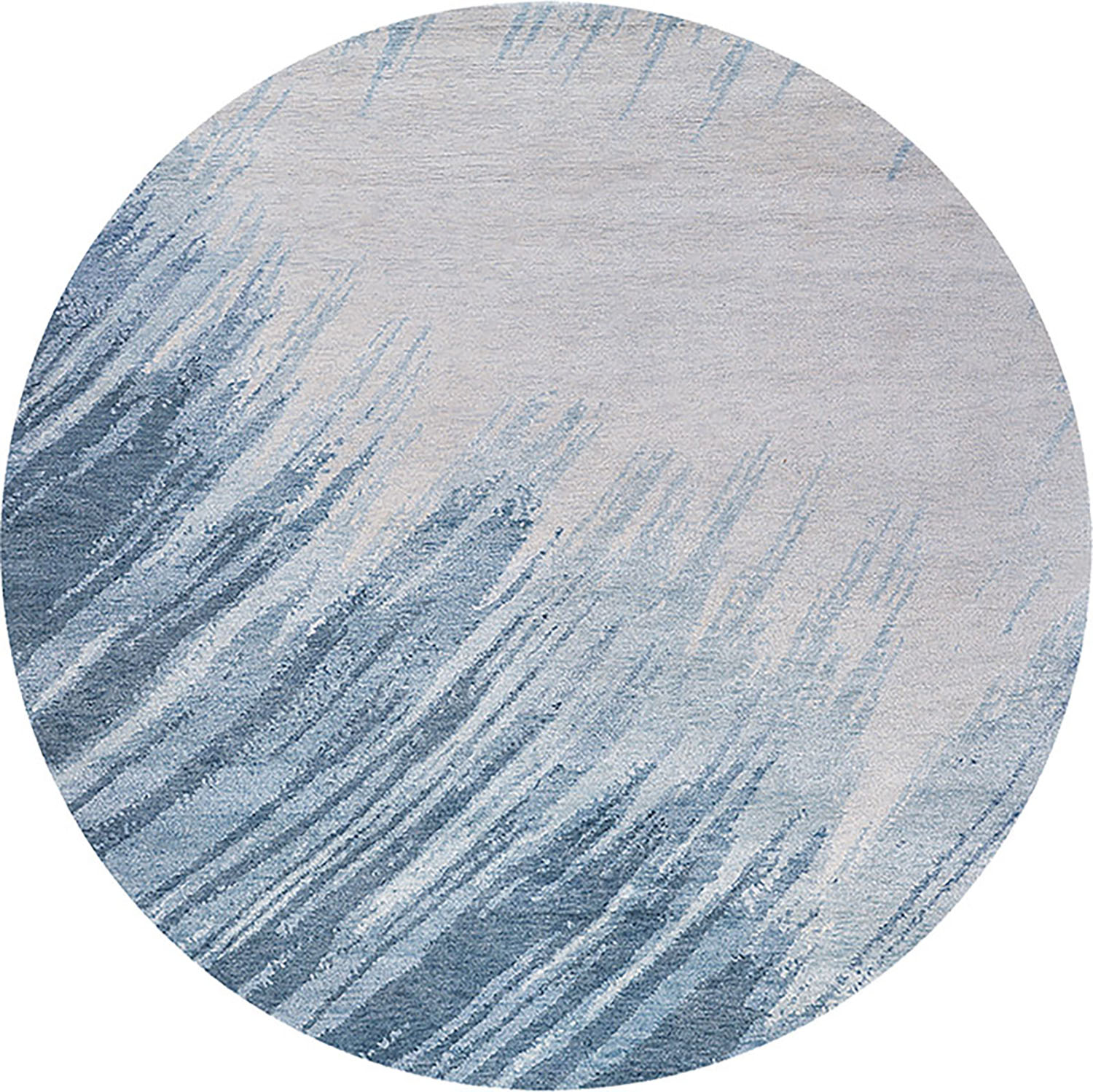 A round rug with a blue and white design.