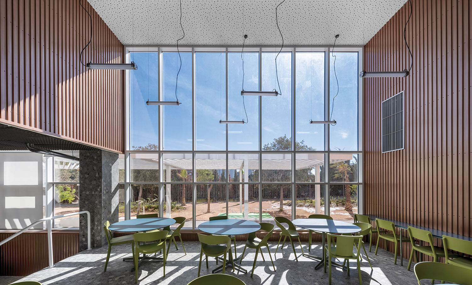 a large room with tables and chairs