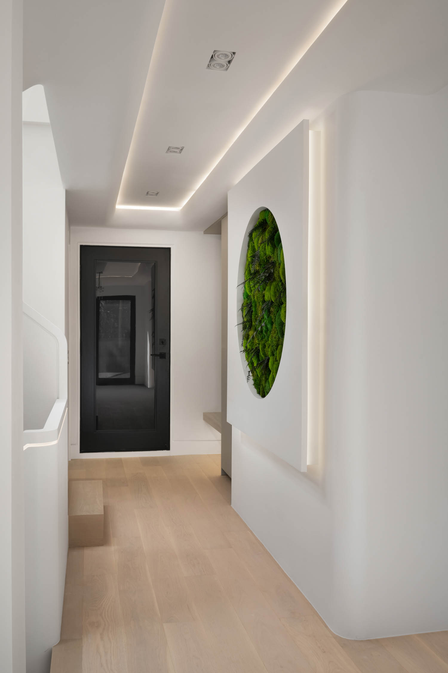 entryway with white walls and moss sculpture