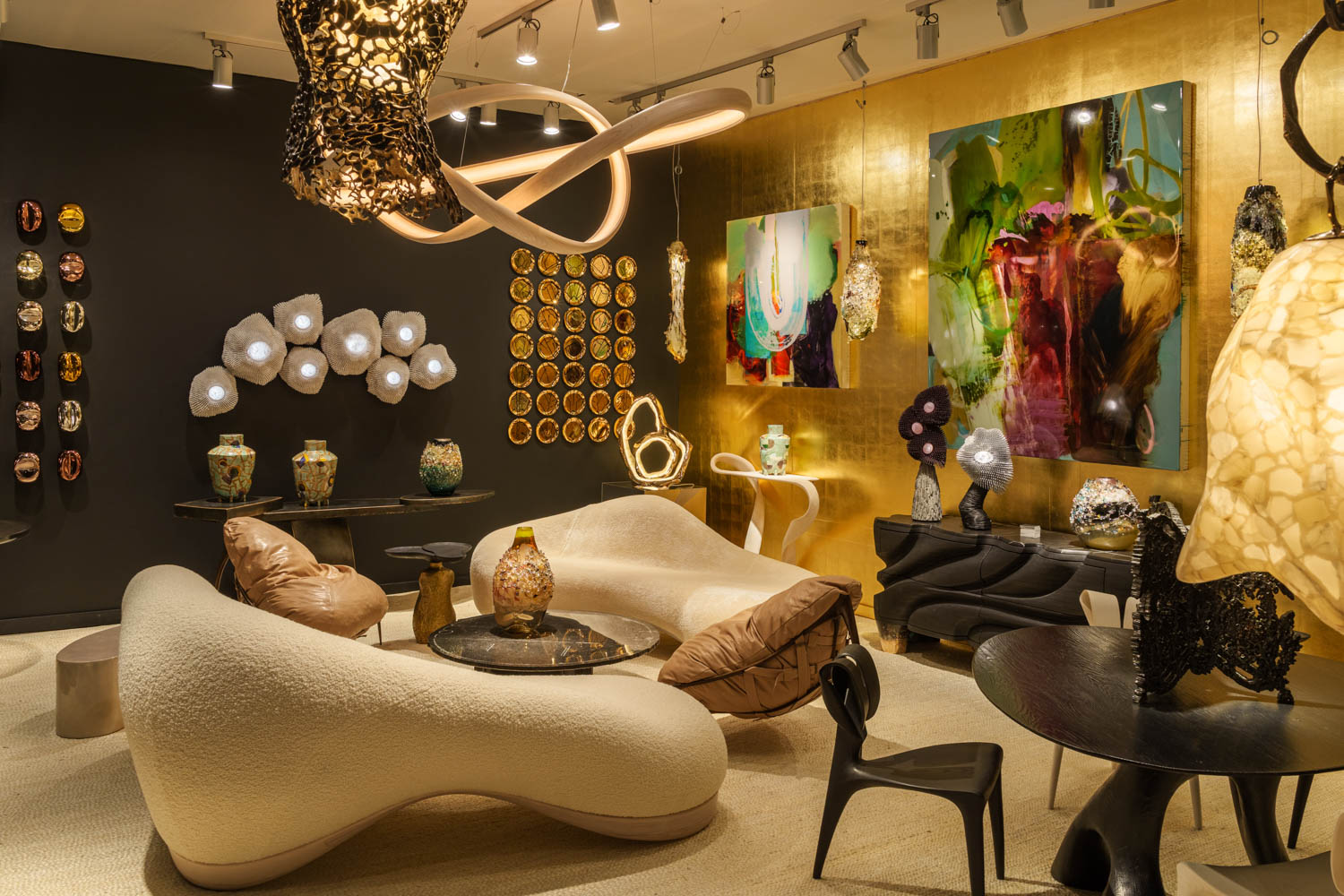 room with multiple chairs and lights